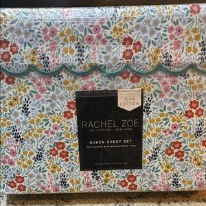 Rachel Zoe Pastel Floral Queen Sheet Set with Teal Scallop Trim